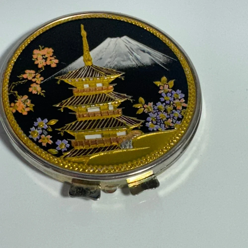 Vintage Japanese Pagoda Mount Fuji Cherry Blossom Round Compact Mirror Used‎